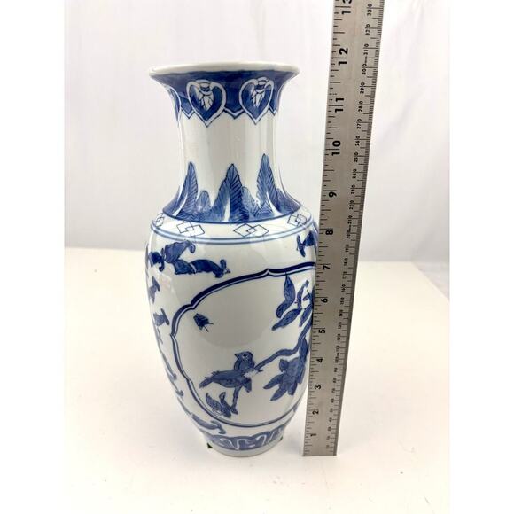 Blue & White Chinese Porcelain Vase with Floral & Bird Design 11.75" - Picture 3 of 14